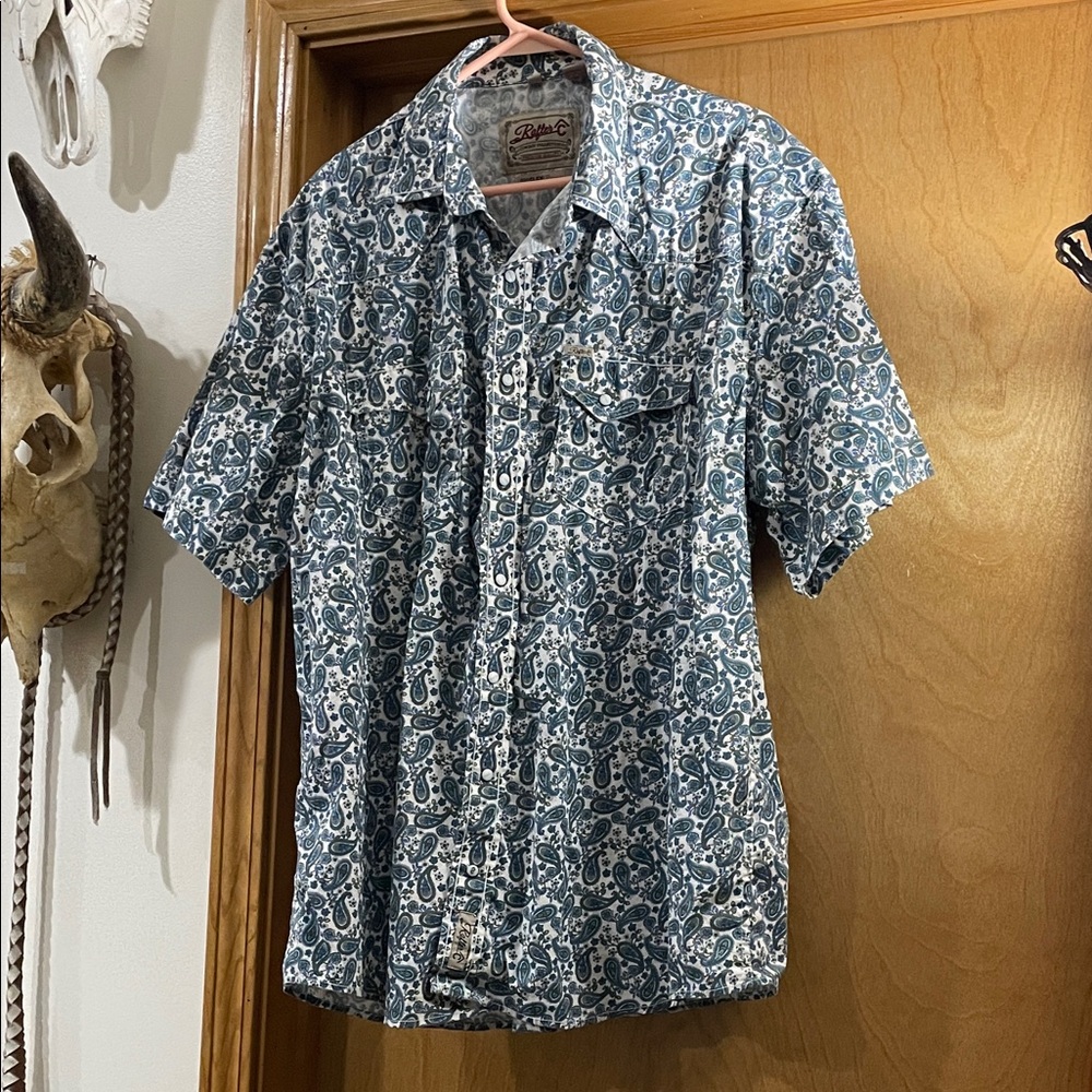 Rafter C Cowboy Collection Men's XXL Blue and Cream Paisley Short-Sleeved Shirt